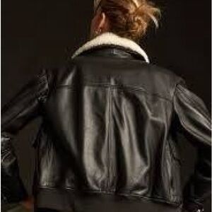 Lucky Brand Black Leather Jacket with Shearling Trim